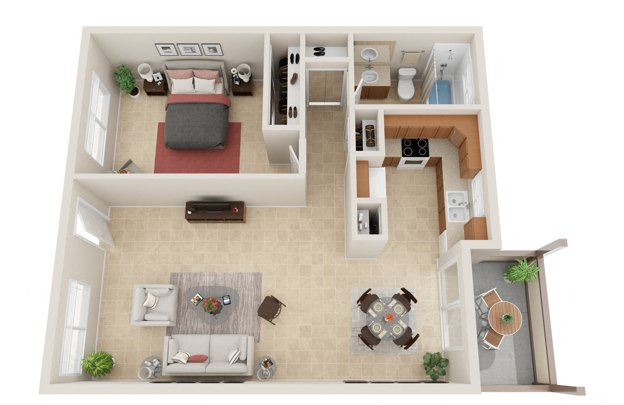 Floor plan for 1 bed, 1 bath, 690 sqft